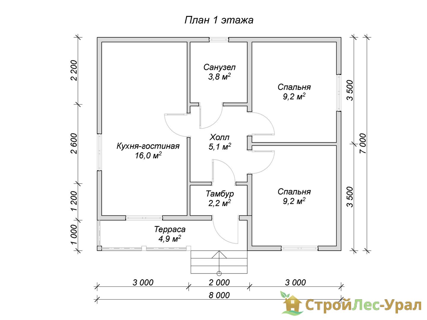 Проект дома ДБ-79 (7х8м), площадью 45,5м² из бруса 150х150мм | Стройлес-урал